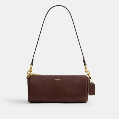 COACH®,Barrel Bag,Cotton,Leather,Barrel Bag,Pendant,Sustainable,Lined,Gold Metal,Day Party,Brown,Front View
