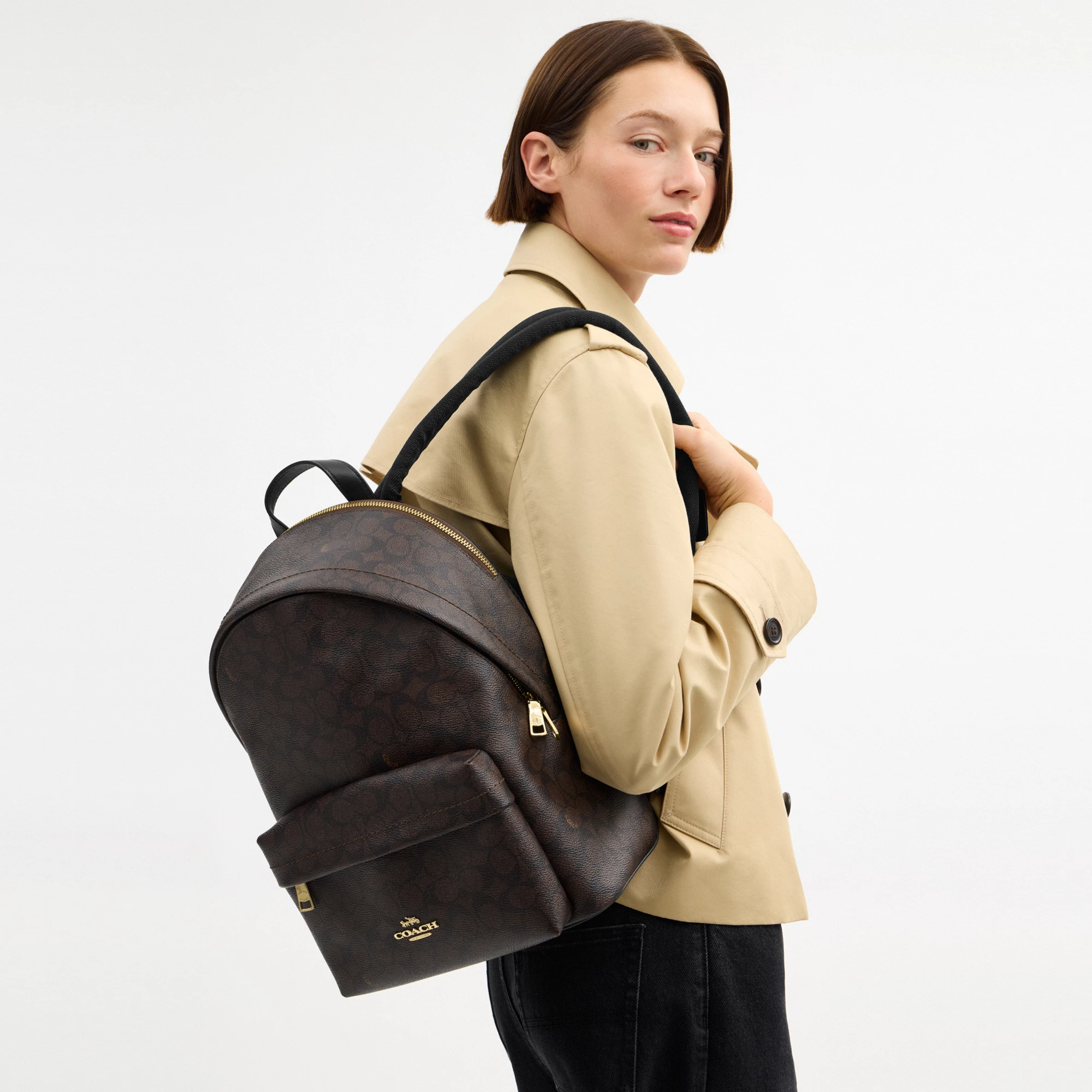 COACH®,Taylor Small Backpack In Signature Canvas,Recycled Polyester,Canvas,Backpack,Metal,Logo,Adjustable,Gold Metal,Casual,Black,Detail View