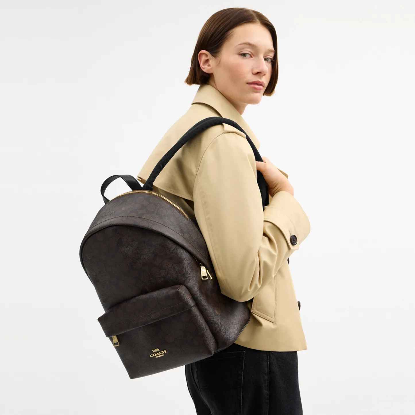 COACH®,Taylor Small Backpack In Signature Canvas,Recycled Polyester,Canvas,Backpack,Metal,Logo,Adjustable,Gold Metal,Casual,Black,Detail View