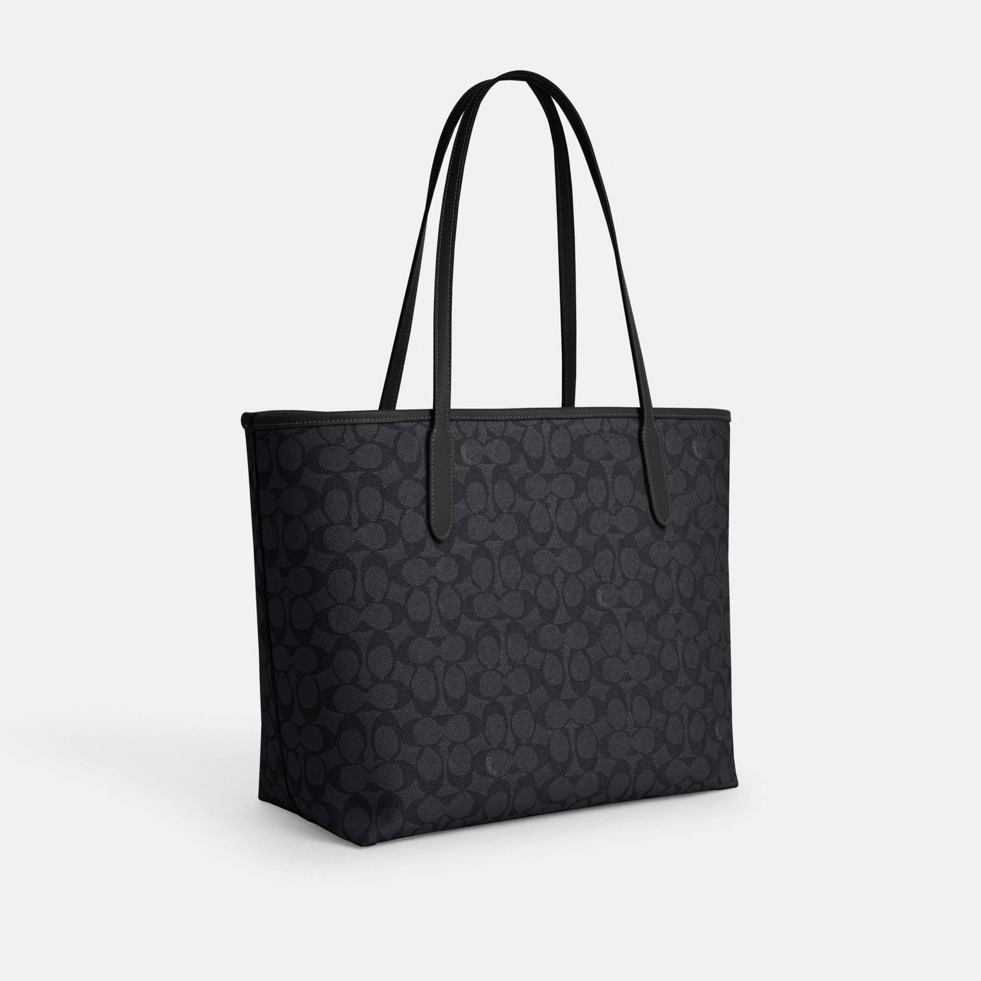 COACH®,City Tote Bag In Signature Canvas,Tote,Metal,Tag Embellishment,Color Block,Embossed,Piping,Logo,Casual,Black,Angle View