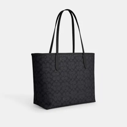 COACH®,City Tote Bag In Signature Canvas,Tote,Metal,Tag Embellishment,Color Block,Embossed,Piping,Logo,Casual,Black,Angle View