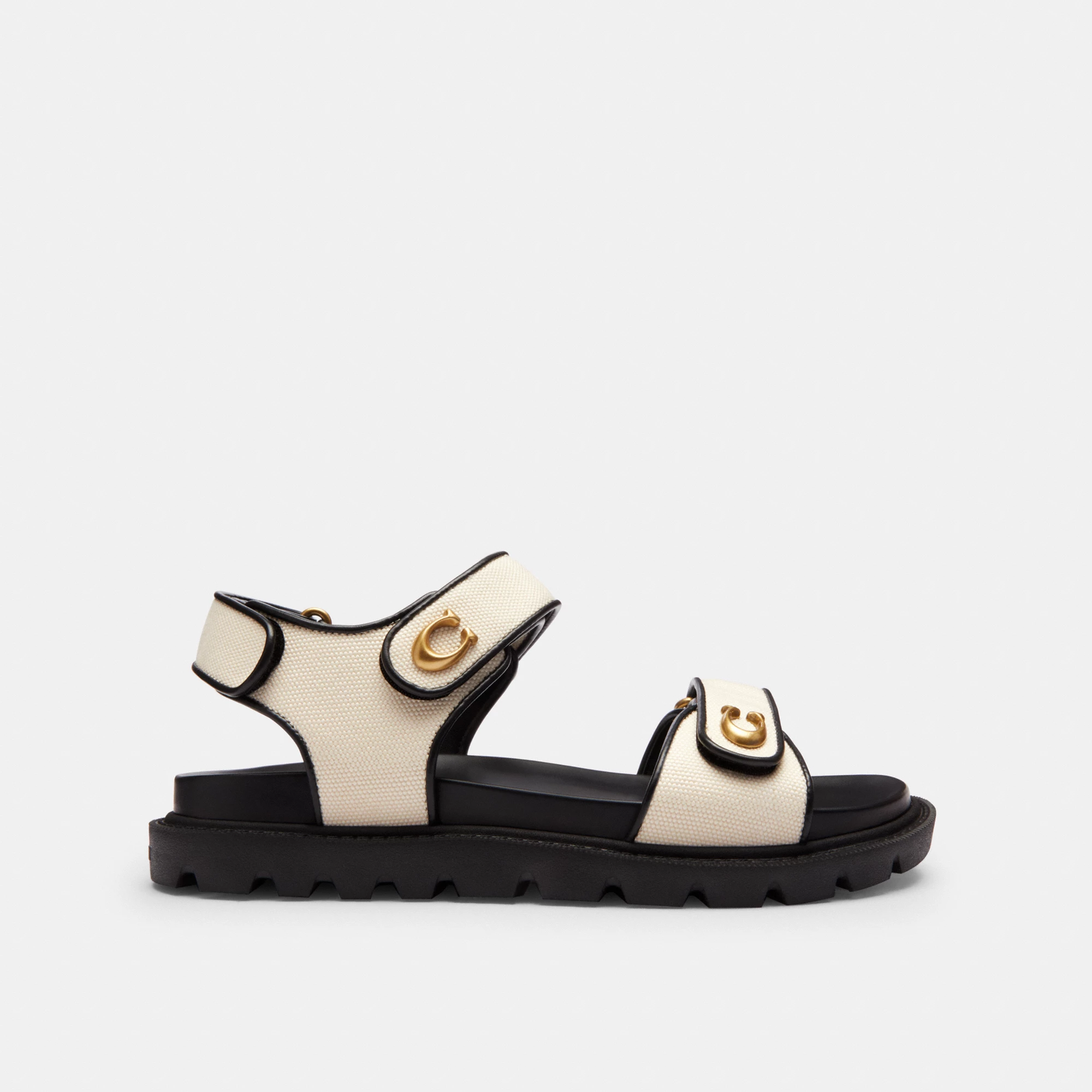 COACH®,Brynn Sandal,Canvas,EVA,Leather,Sandals,Fabric,Foam,Logo,Metal,Piping,Pull Tab,Casual,Cream,Angle View