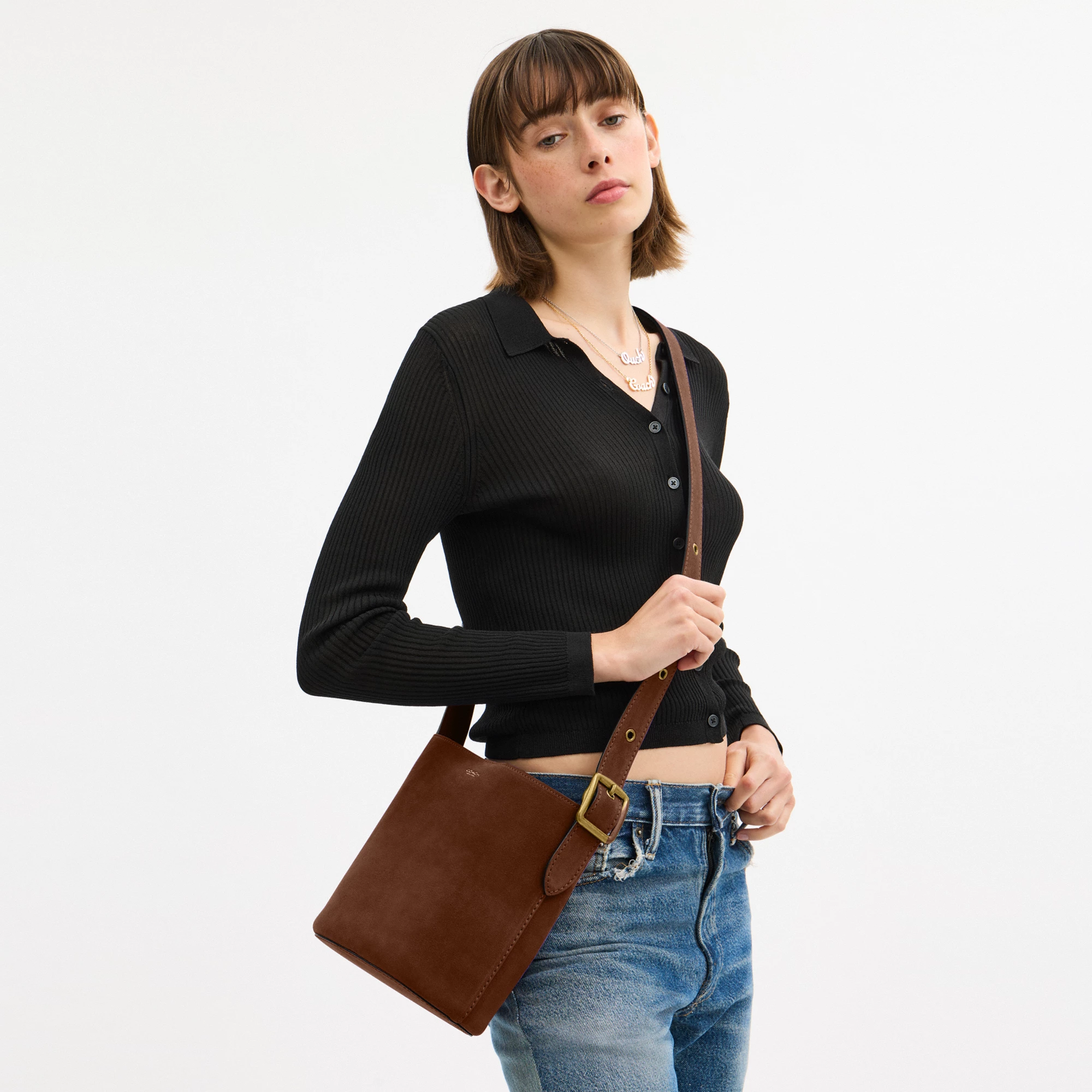 COACH®,Bleecker Bucket Bag 21,Suede,Bucket,Adjustable,Brass,Casual,Brown,Detail View