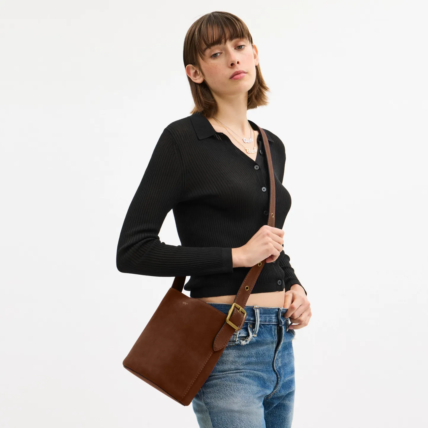 COACH®,Bleecker Bucket Bag 21,Suede,Bucket,Adjustable,Brass,Casual,Brown,Detail View