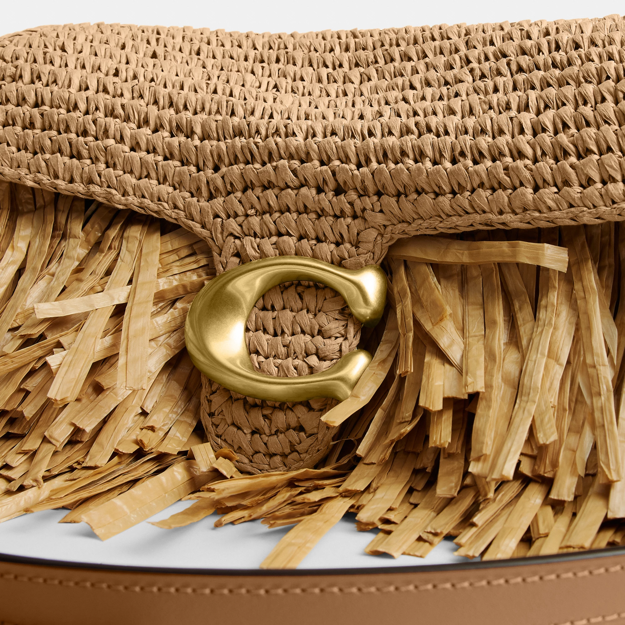 COACH®,Tabby Shoulder Bag 26,Crossbody,Shoulder Bag,Straw,Logo,Fringe,Brass,Casual,Beige,Closer View