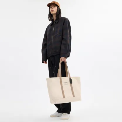 COACH®,Utility Tote,Canvas,Leather,Tote,Word Embellishment,Logo,Sustainable,Casual,Cream,Detail View