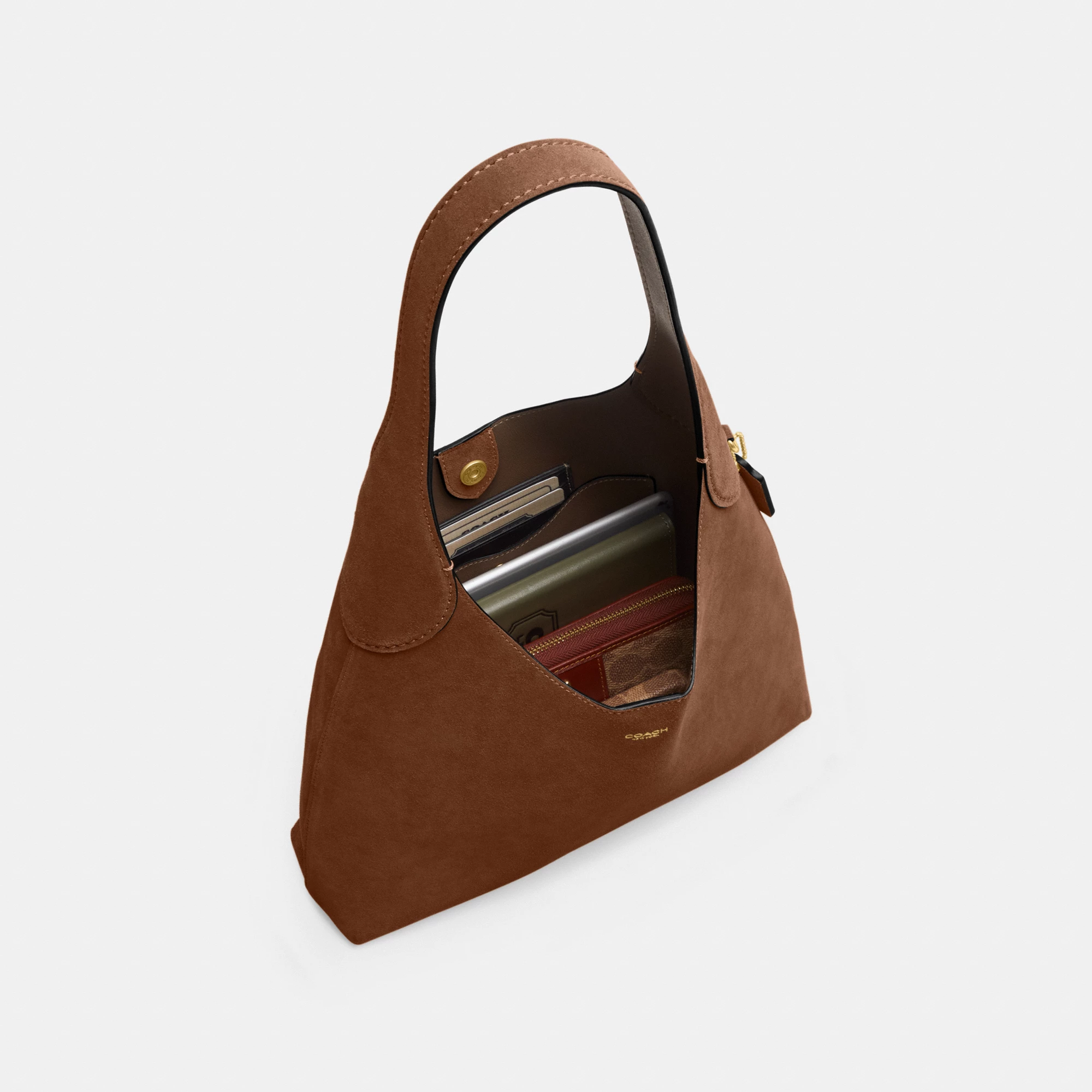 COACH®,Brooklyn Shoulder Bag 28,Suede,Leather,Hobo,Logo,Casual,Brown,Inside View,Top View
