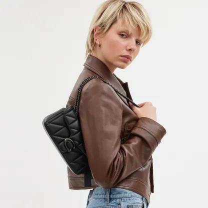 COACH®,Tabby Shoulder Bag 20 With Pillow Quilting,Leather,Shoulder Bag,Chain Detail,Embossed,Logo,Metal,Gold Metal,Day Party,Black,Detail View