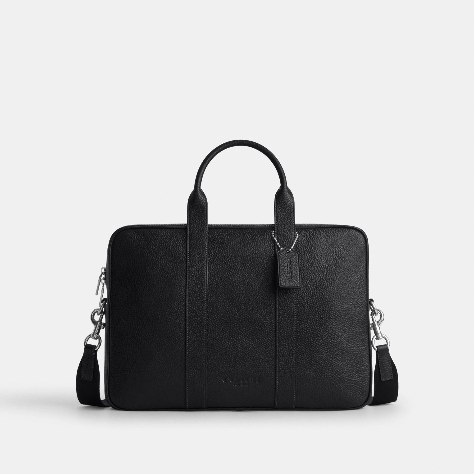 COACH®,Austin Brief,Leather,Polyester,Recycled Polyester,Briefcase,Adjustable,Silver Metal,Work,Black,Front View