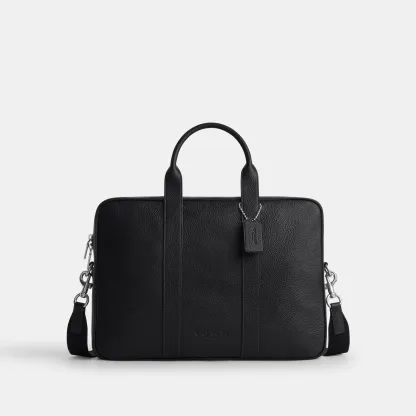 COACH®,Austin Brief,Leather,Polyester,Recycled Polyester,Briefcase,Adjustable,Silver Metal,Work,Black,Front View