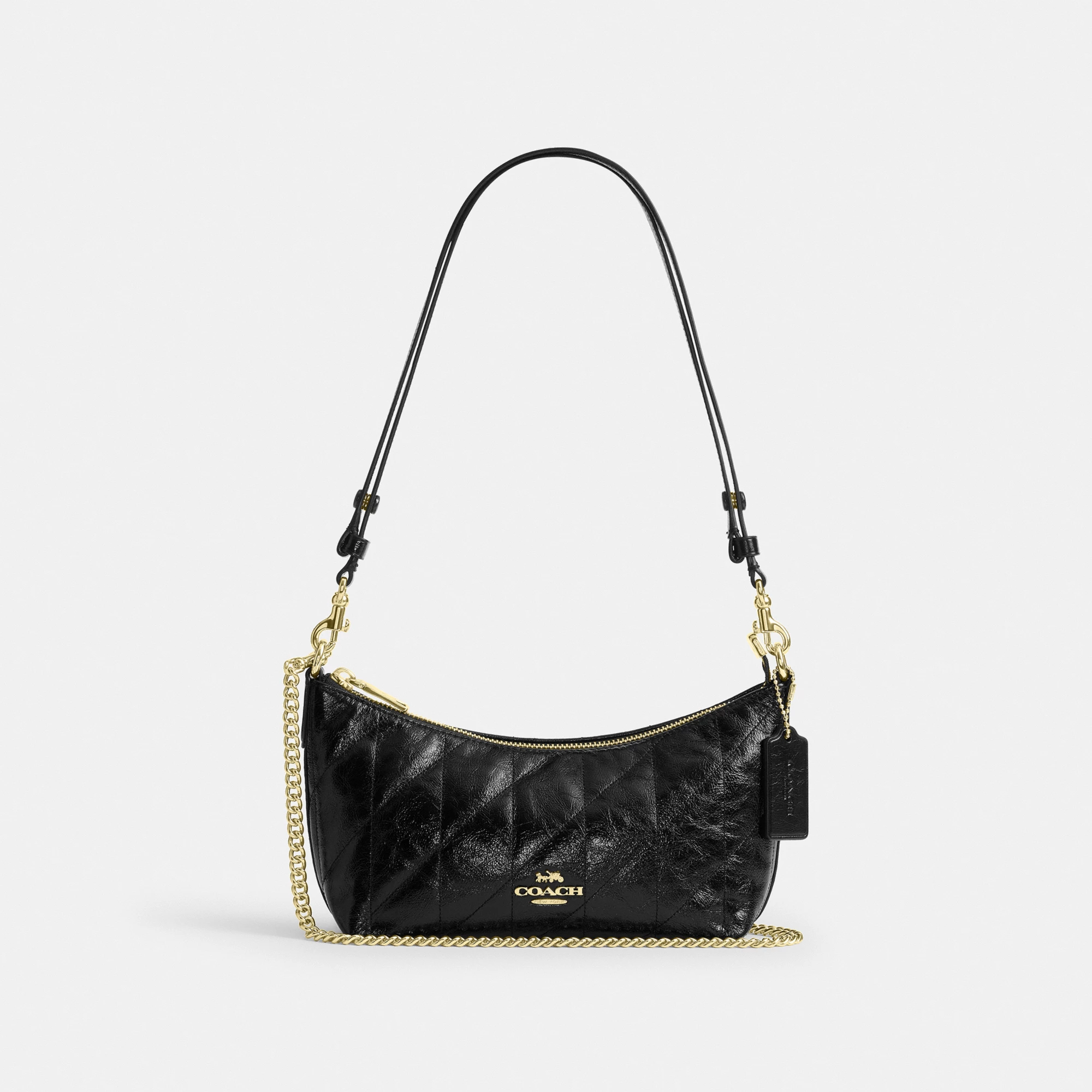 COACH®,Caitlin Shoulder Bag With Quilting,Lining Recycled Polyester,Recycled Polyester,Shoulder Bag,Logo,Chain Detail,Shou...,Black,Front View