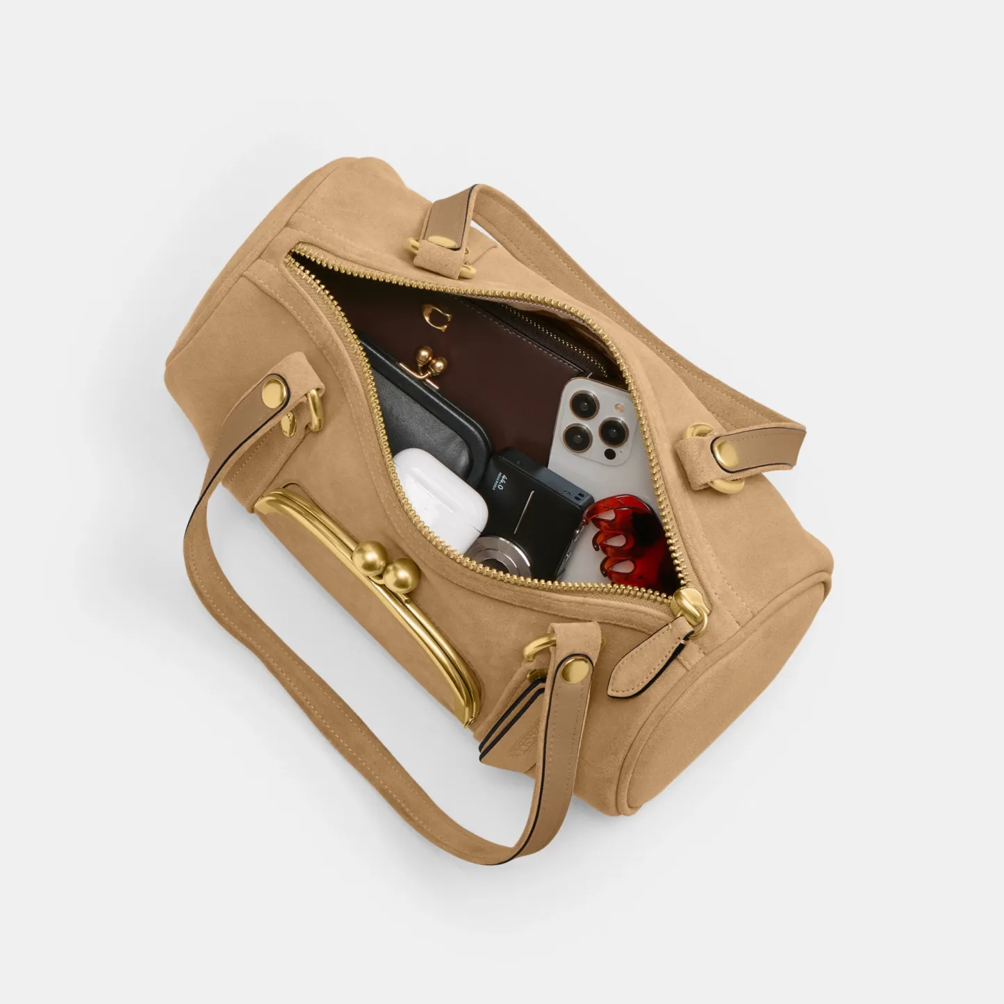 COACH®,Kisslock Barrel Bag,Lining Cotton Knit,Lining Cotton,Suede,Barrel Bag,Pendant,Brass,Day Party,Beige,Inside View,Top View