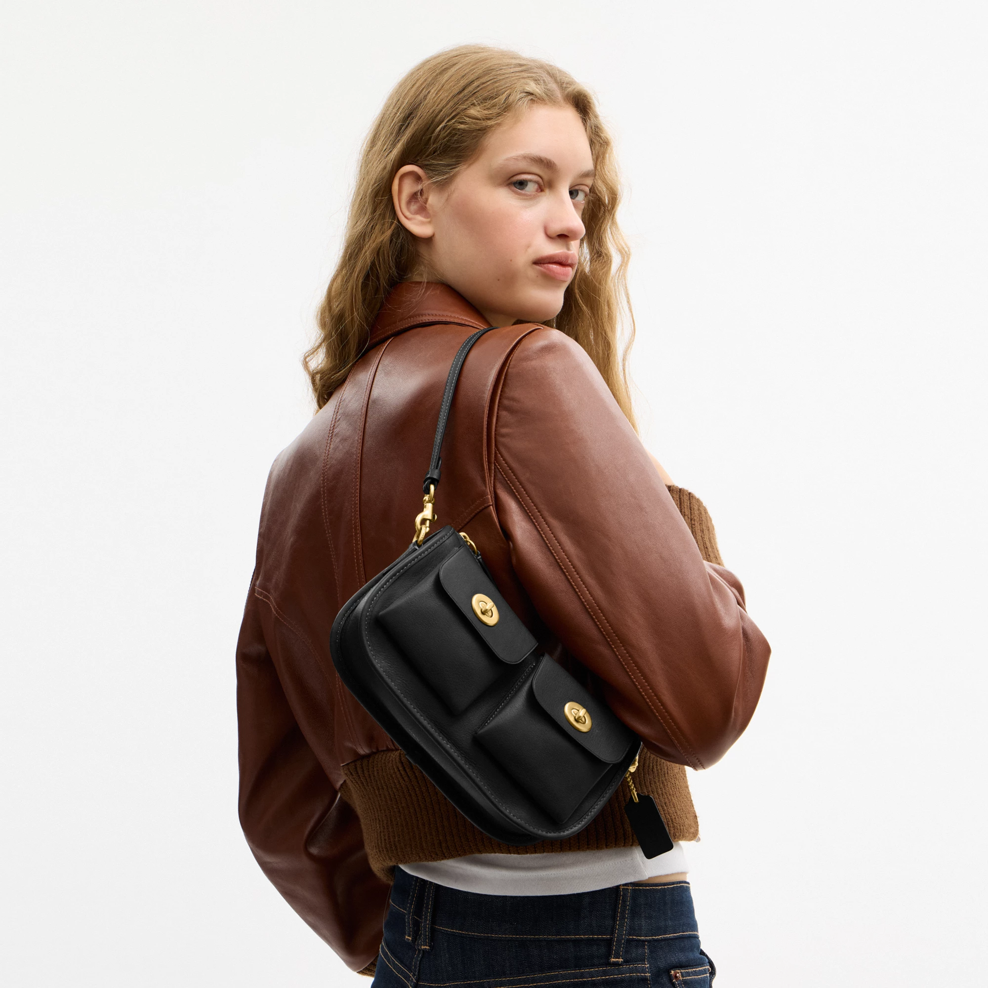 COACH®,Twin Turnlock Waverly Bag,Leather,Cotton,Shoulder Bag,Pendant,Compact,Gold Metal,Day Party,Black,Detail View