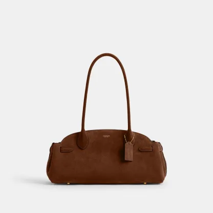 COACH®,Empire Carryall Bag 34,Suede,Shoulder Bag,Logo,Brass,Casual,Brown,Front View