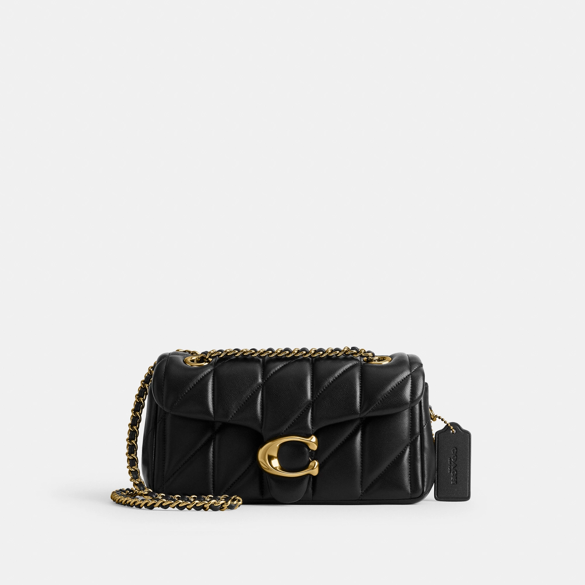 COACH®,Tabby Shoulder Bag 20 With Pillow Quilting,Leather,Shoulder Bag,Chain Detail,Embossed,Logo,Metal,Gold Metal,Day Party,Black,Front View