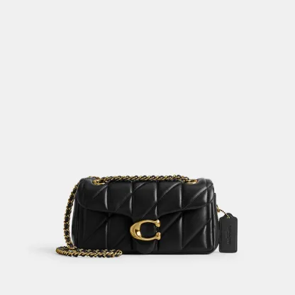 COACH®,Tabby Shoulder Bag 20 With Pillow Quilting,Leather,Shoulder Bag,Chain Detail,Embossed,Logo,Metal,Gold Metal,Day Party,Black,Front View