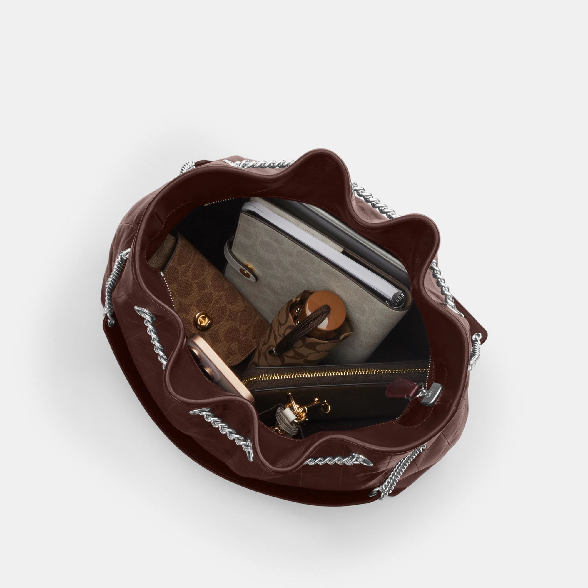 COACH®,Evelyn Large Shoulder Bag With Quilting,Leather,Bucket,Metal,Logo,Day Party,Brown,Inside View,Top View