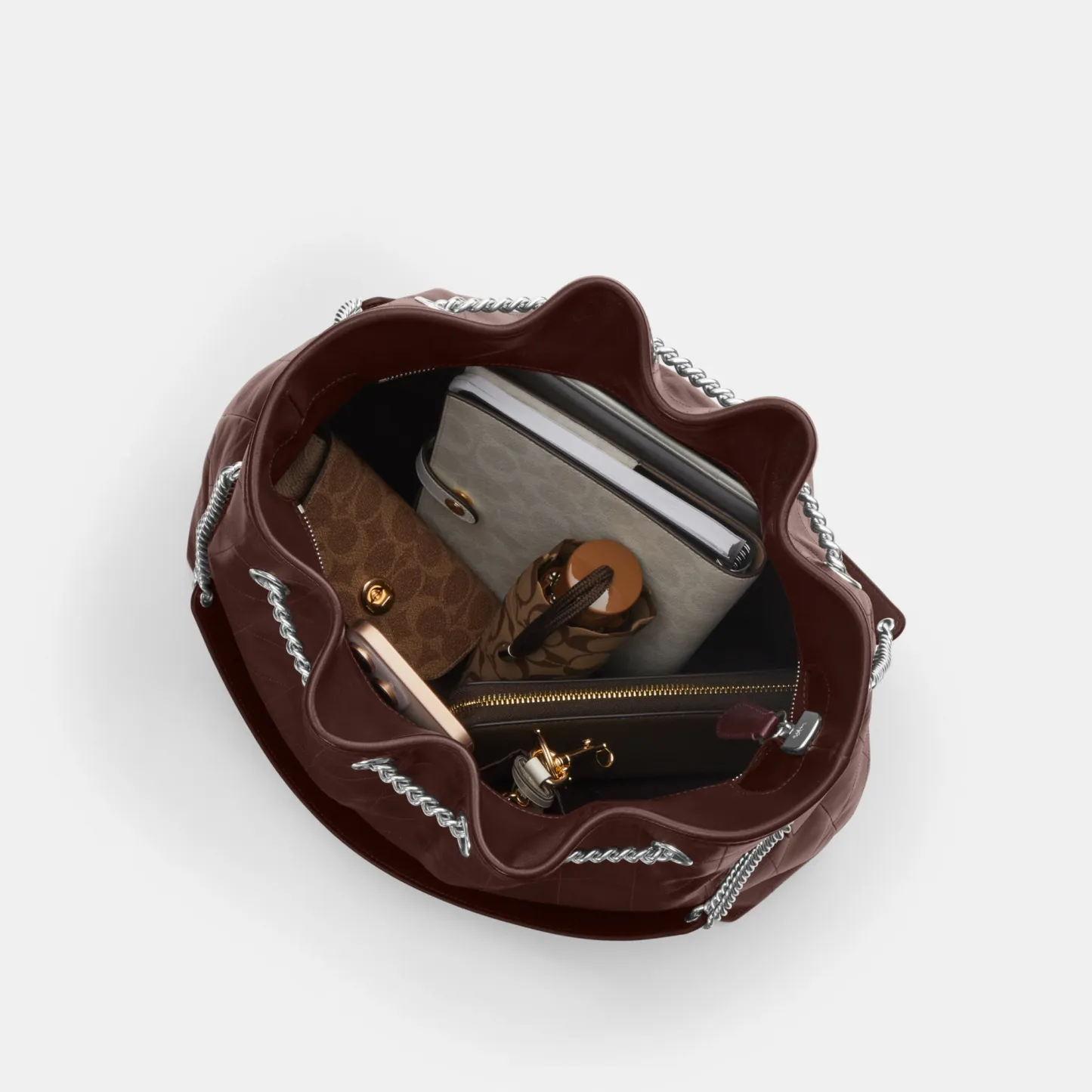 COACH®,Evelyn Large Shoulder Bag With Quilting,Leather,Bucket,Metal,Logo,Day Party,Brown,Inside View,Top View