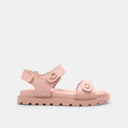 COACH®,Brynn Sandal In Signature Canvas,Cotton,Synthetic,Sandals,Fabric,Logo,Padded Insole,Sustainable,Casual,Pink,Angle View