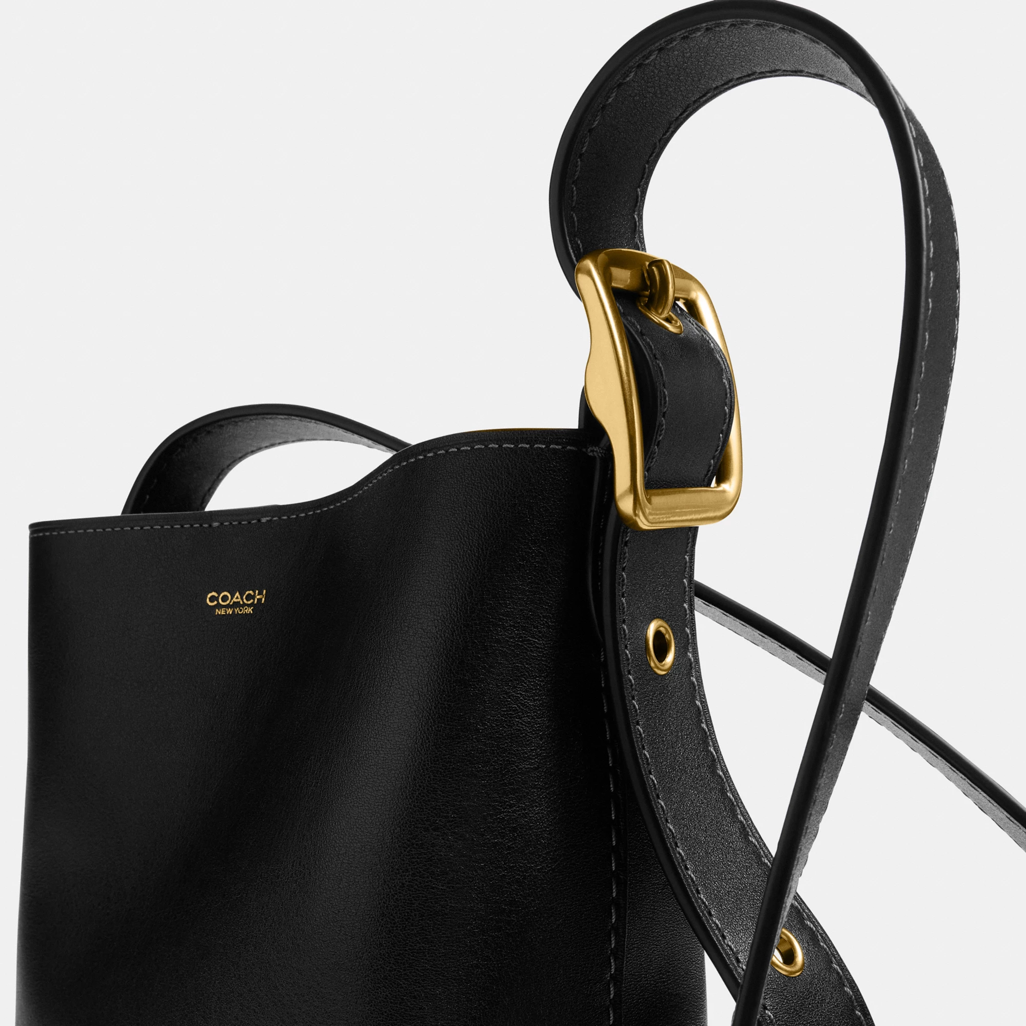 COACH®,Bleecker Bucket Bag 21,Leather,Bucket,Adjustable,Compact,Removable Pouch,Gold Metal,Casual,Black,Closer View