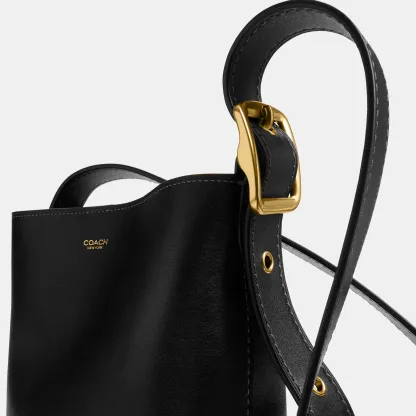 COACH®,Bleecker Bucket Bag 21,Leather,Bucket,Adjustable,Compact,Removable Pouch,Gold Metal,Casual,Black,Closer View