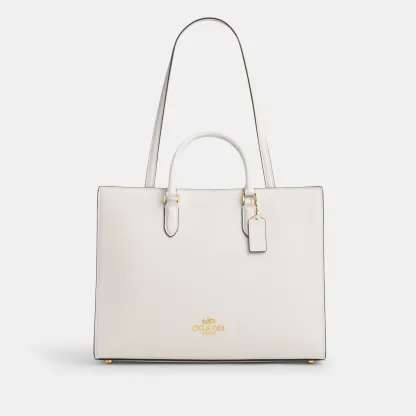 COACH®,Maggie Tote Bag,Leather,Tote,Logo,Embossed,Metal,Work,White,Front View