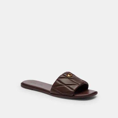 COACH®,Holly Sandal With Quilting,Rubber,Leather,Slides,Metal,Logo,Traction,Cushioned,Casual,Brown,Front View