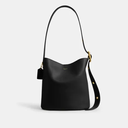 COACH®,Bleecker Bucket Bag,Leather,Bucket,Adjustable,Gold Metal,Casual,Black,Front View