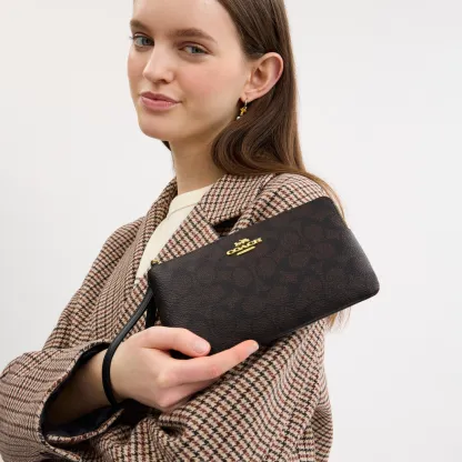 COACH®,Large Corner Zip Wristlet In Signature Canvas,Canvas,Wristlet,Casual,Black,Detail View