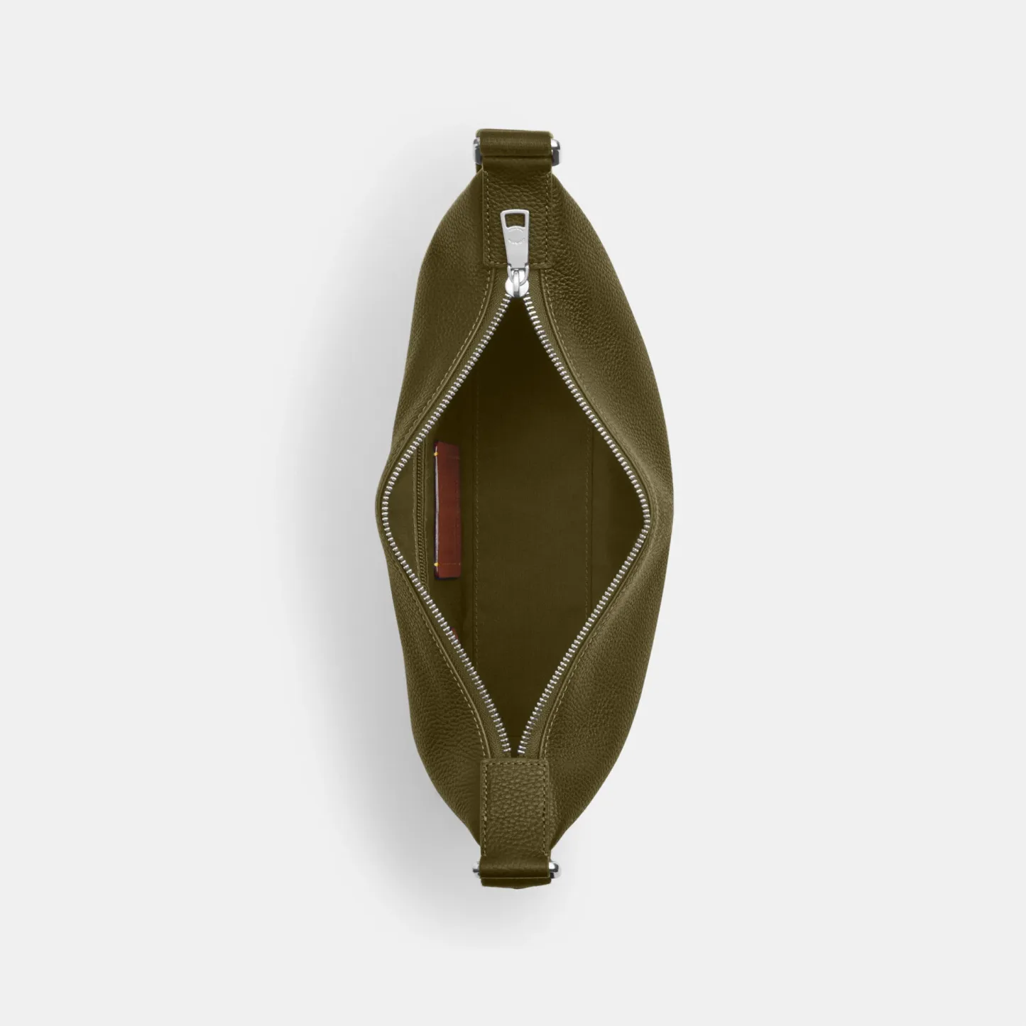 COACH®,Small Finn Crossbody Bag With Pouch,Leather,Recycled Polyester,Crossbody,Pouch,Logo,Set,Adjustable,Silver Metal,Casual,Olive,Inside View,Top View