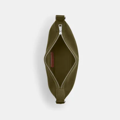 COACH®,Small Finn Crossbody Bag With Pouch,Leather,Recycled Polyester,Crossbody,Pouch,Logo,Set,Adjustable,Silver Metal,Casual,Olive,Inside View,Top View