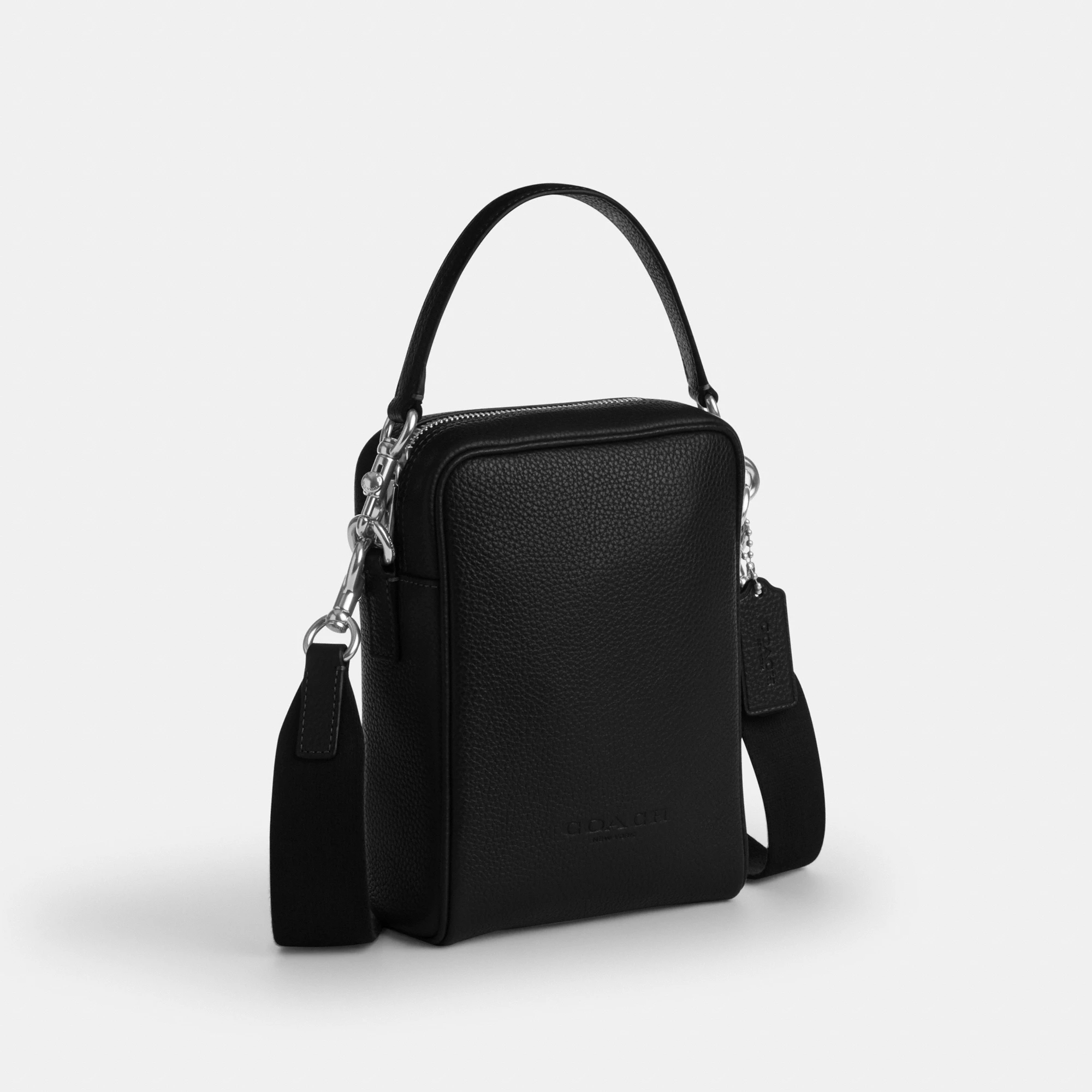 COACH®,Tristan Crossbody Bag 14,Leather,Recycled Polyester,Crossbody,Logo,Convertible,Adjustable,Sustainable,Silver Metal,...,Black,Angle View