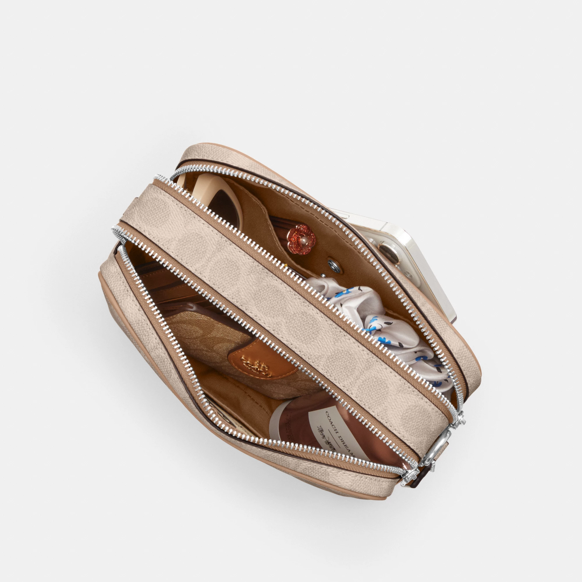 COACH®,Carey Crossbody Bag In Signature Canvas,Leather,Canvas,Recycled Polyester,Camera Bag,Metal,Logo,Sustainable,Gold Pl...,Multi Color,Inside View,Top View