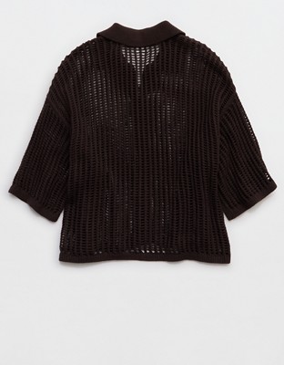 Aerie Short Sleeve Polo Sweater - Deep Earth