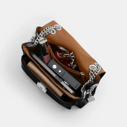 COACH®,Elodie Crossbody Bag 18,Leather,Recycled Polyester,Crossbody,Logo,Sustainable,Adjustable,Silver Metal,Casual,Black,Inside View,Top View