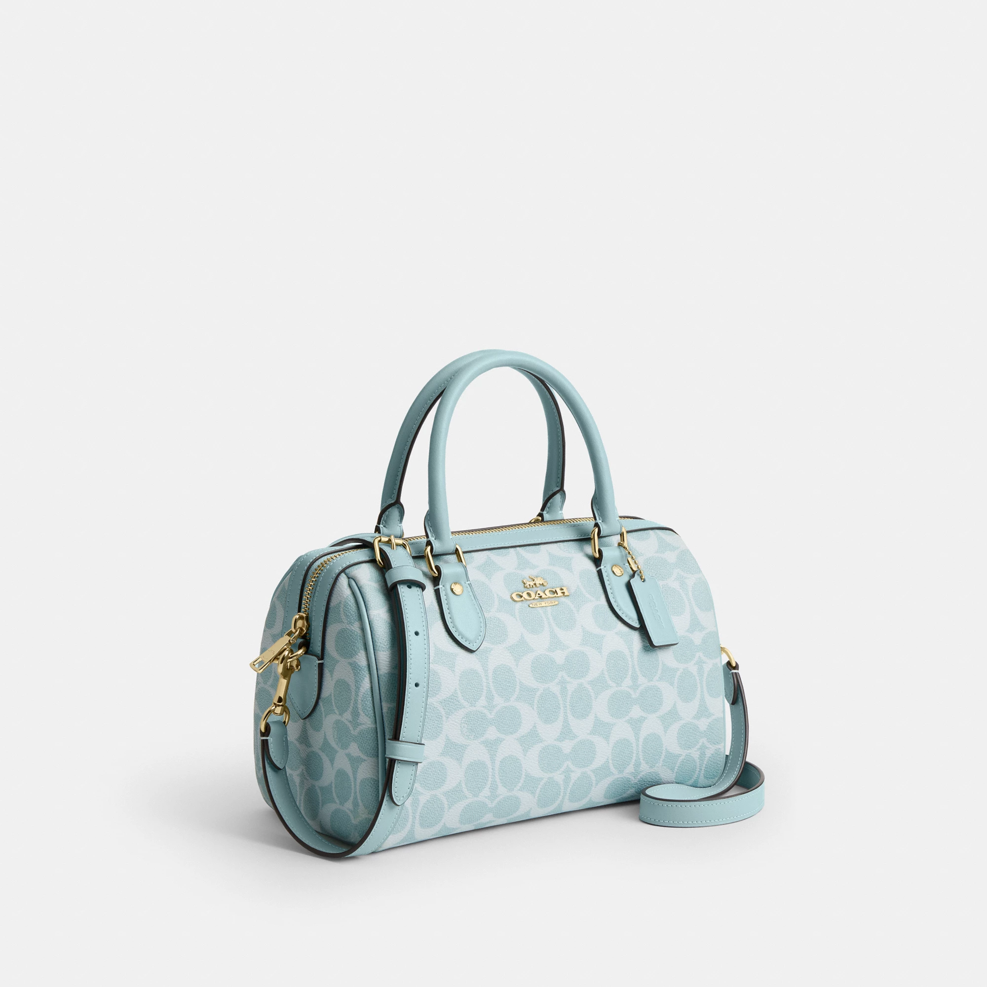 COACH®,Rowan Satchel Bag In Signature Canvas,Recycled Polyester,Canvas,Leather,Satchel,Logo,Adjustable,Gold Metal,Casual,Blue,Angle View