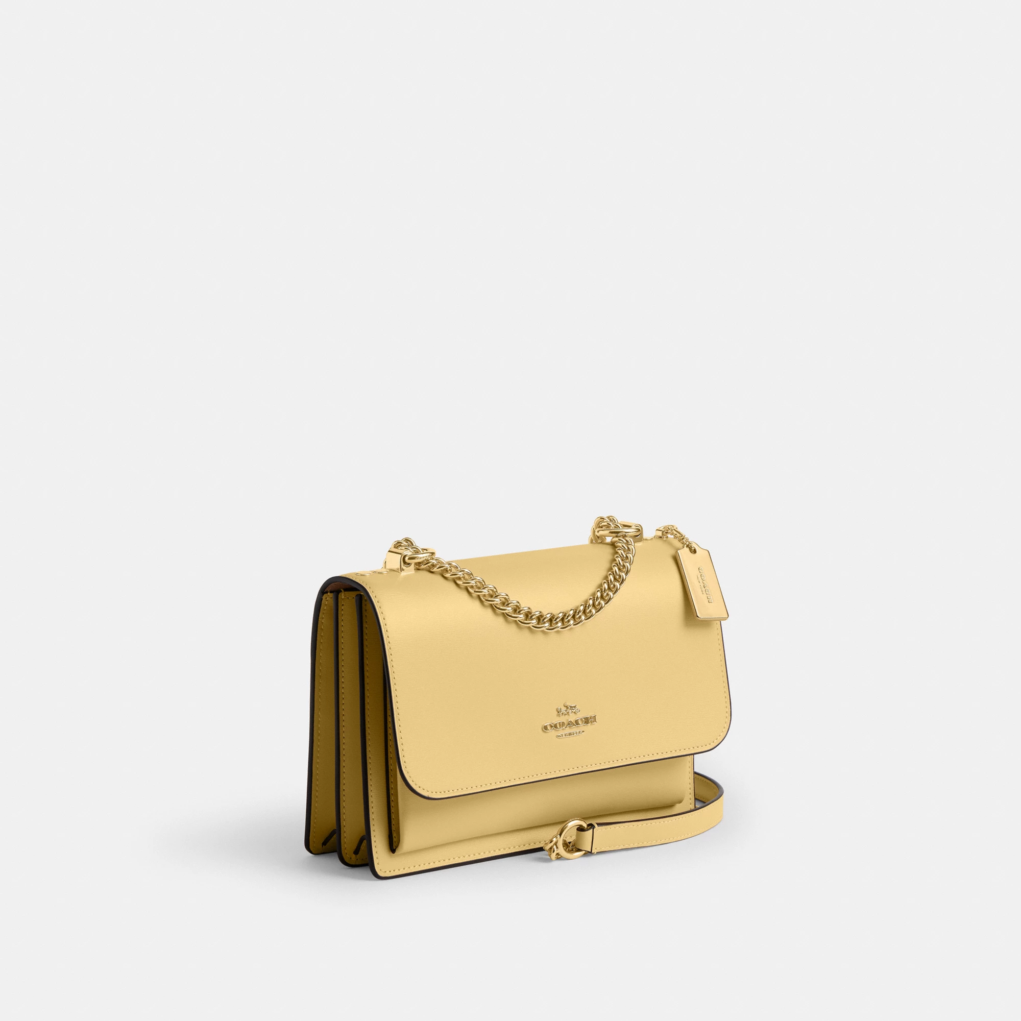 COACH®,Klare Crossbody Bag,Calfskin Leather,Leather,Crossbody,Metal,Logo,Luggage Tag,Adjustable,Lined,Compact,Gold Metal,D...,Gold,Angle View