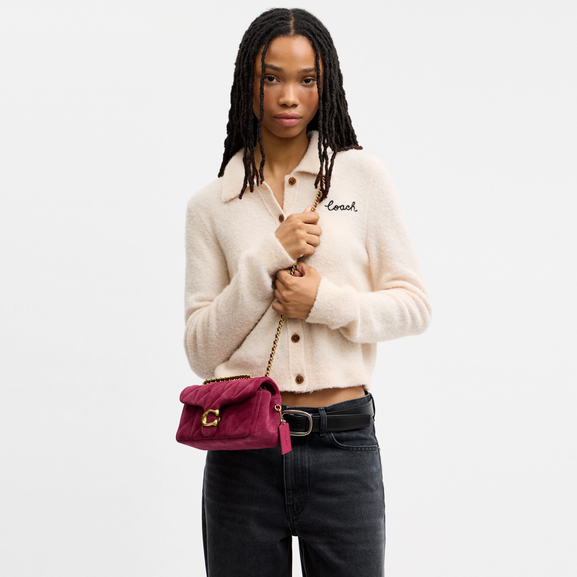 COACH®,Tabby Shoulder Bag 20 With Quilting,Leather,Suede,Shoulder Bag,Metal,Logo,Shoulder Guard,Compact,Lined,Luggage Tag,...,Fuchsia