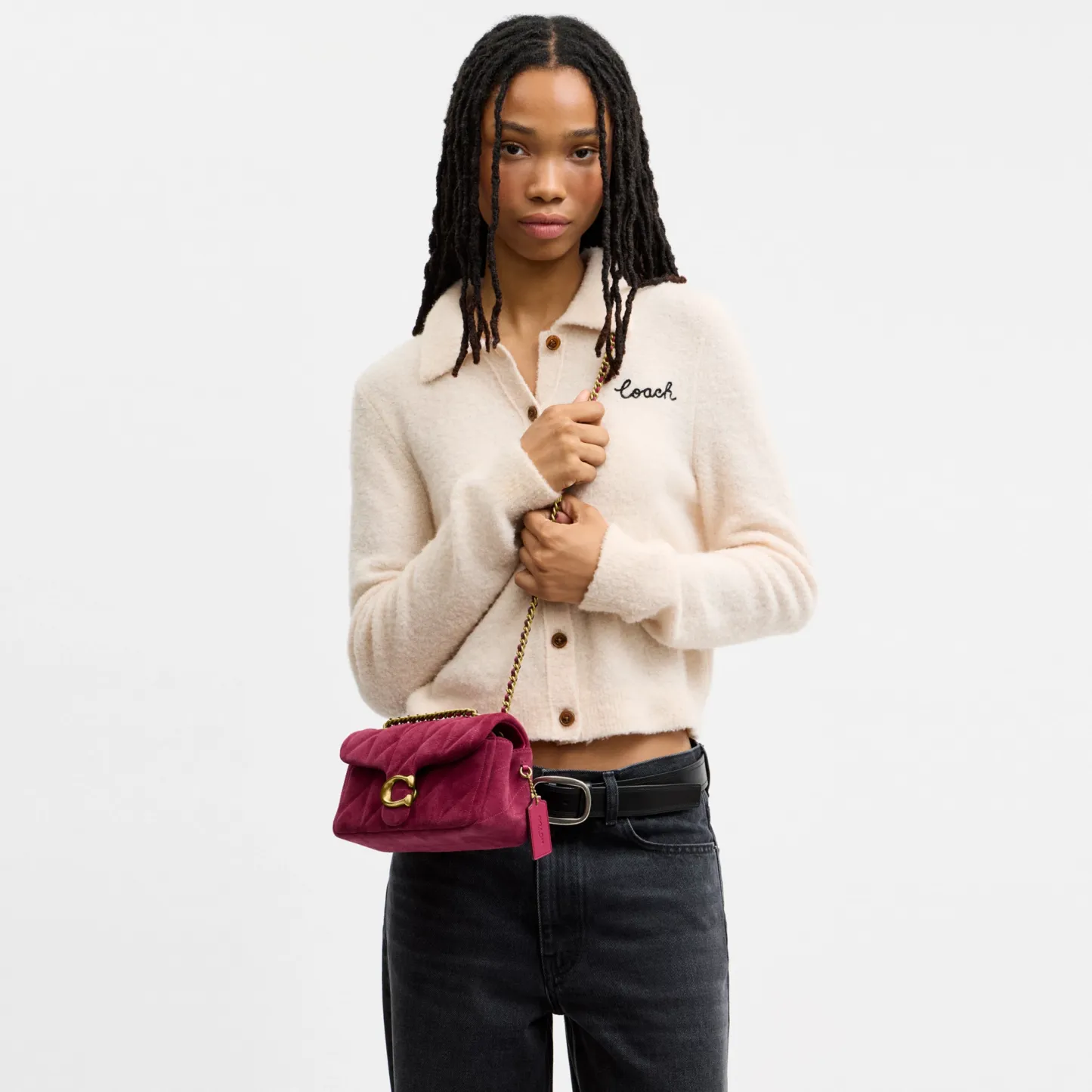 COACH®,Tabby Shoulder Bag 20 With Quilting,Leather,Suede,Shoulder Bag,Metal,Logo,Shoulder Guard,Compact,Lined,Luggage Tag,...,Fuchsia