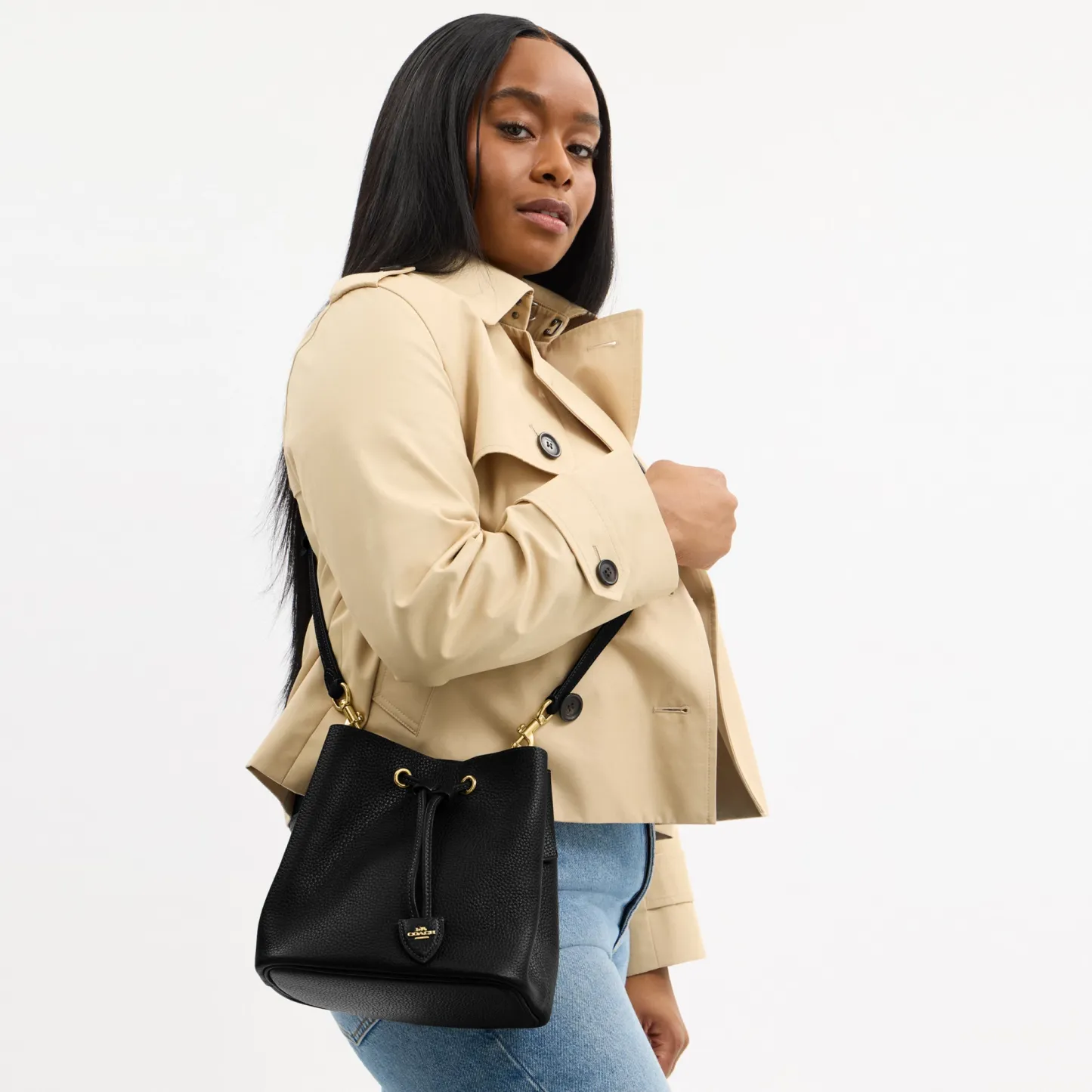 COACH®,Rowan Bucket Bag,Leather,Bucket,Metal,Logo,Casual,Black