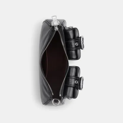 COACH®,Ashton Bag,Leather,Fabric,Shoulder Bag,Luggage Tag,Compact,Lined,Silver Metal,Day Party,Black,Inside View,Top View