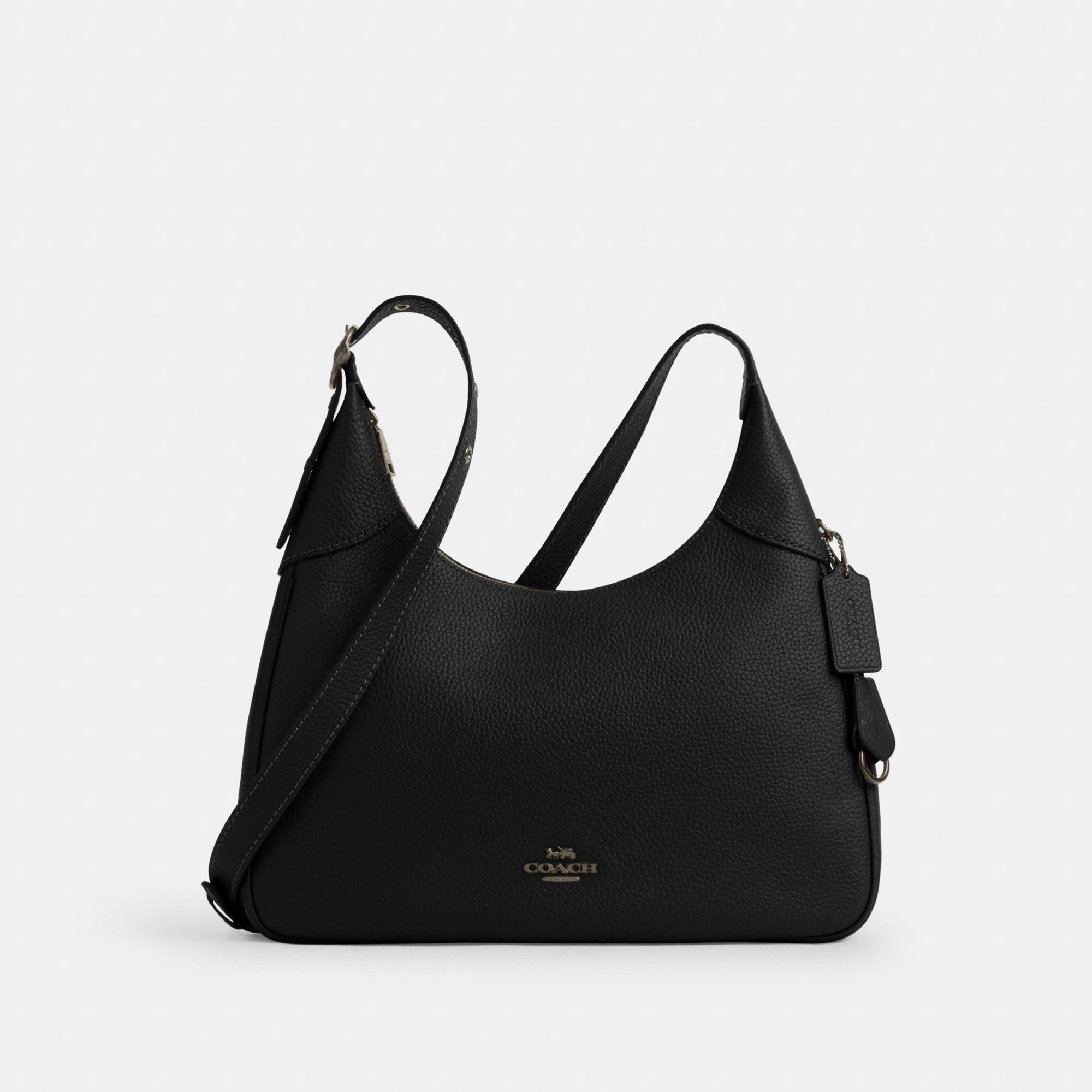 COACH®,Ella Shoulder Bag,Fabric,Leather,Hobo,Adjustable,Luggage Tag,Lined,Silver Metal,Casual,Black,Front View