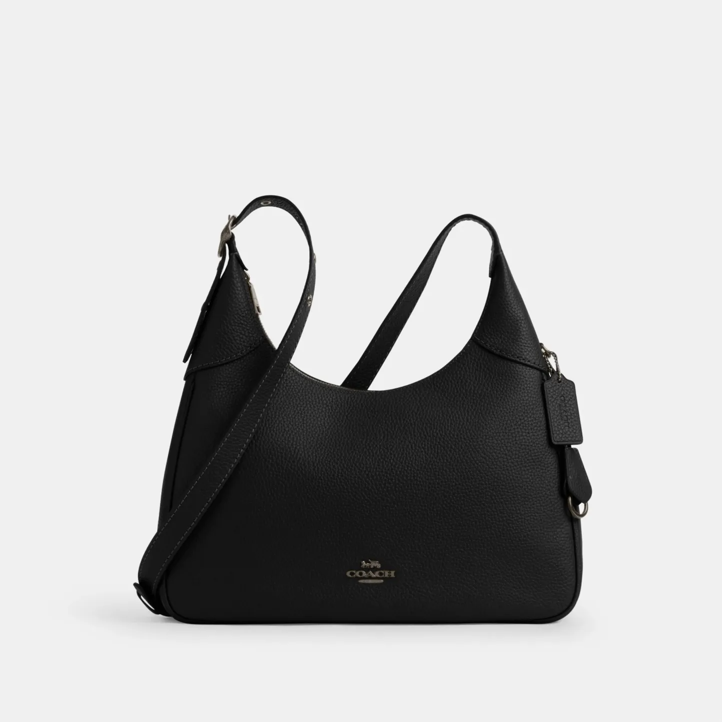 COACH®,Ella Shoulder Bag,Fabric,Leather,Hobo,Adjustable,Luggage Tag,Lined,Silver Metal,Casual,Black,Front View