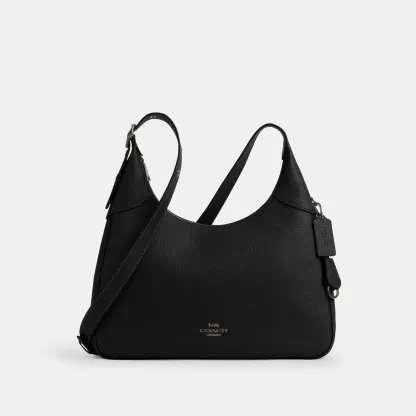 COACH®,Ella Shoulder Bag,Fabric,Leather,Hobo,Adjustable,Luggage Tag,Lined,Silver Metal,Casual,Black,Front View