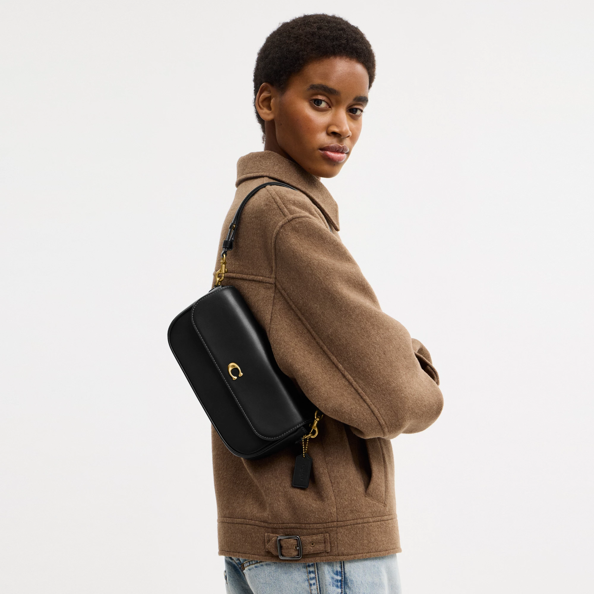 COACH®,Brook Flap Chain Bag,Calfskin Leather,Leather,Fabric,Shoulder Bag,Logo,Metal,Compact,Adjustable,Shoulder Guard,Gold...,Black,Detail View