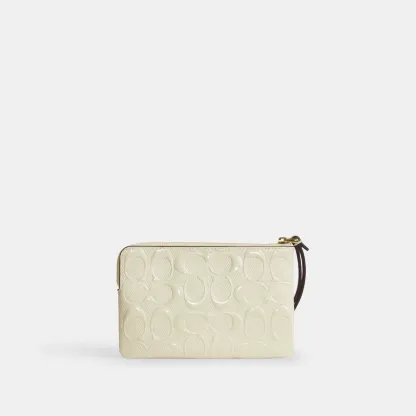 COACH®,Corner Zip Wristlet In Signature Leather,Leather,Recycled Polyester,Wristlet,Gold Metal,Casual,Yellow,Back View