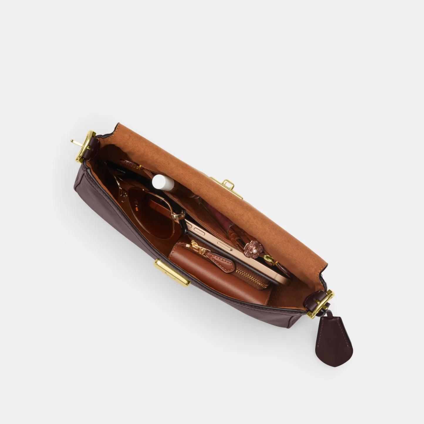 COACH®,Etta Small Flap Shoulder Bag,Leather,Fabric,Shoulder Bag,Metal,Logo,Adjustable,Compact,Lined,Gold Metal,Casual,Brown,Inside View,Top View