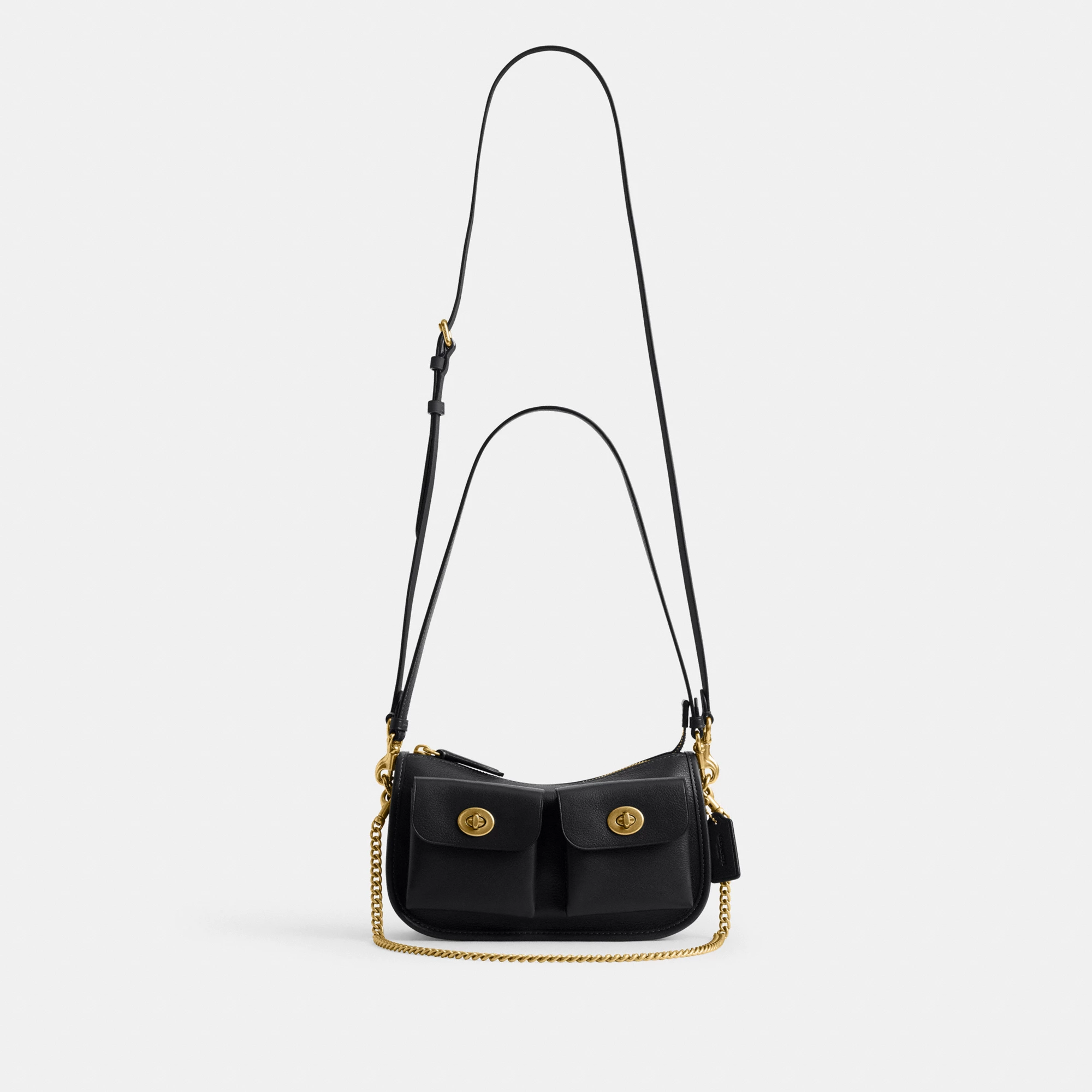 COACH®,Twin Turnlock Waverly Bag,Leather,Cotton,Shoulder Bag,Pendant,Compact,Gold Metal,Day Party,Black