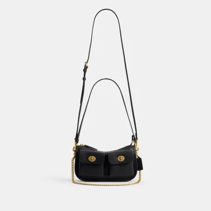 COACH®,Twin Turnlock Waverly Bag,Leather,Cotton,Shoulder Bag,Pendant,Compact,Gold Metal,Day Party,Black