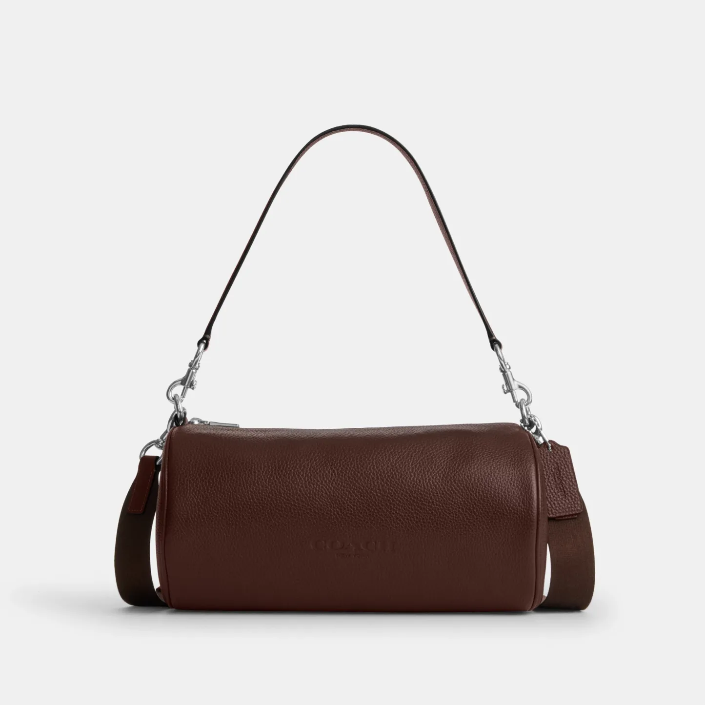 COACH®,Andre Barrel Bag 30,Leather,Recycled Polyester,Barrel Bag,Adjustable,Sustainable,Convertible,Durable Fabric,Silver ...,Brown,Front View